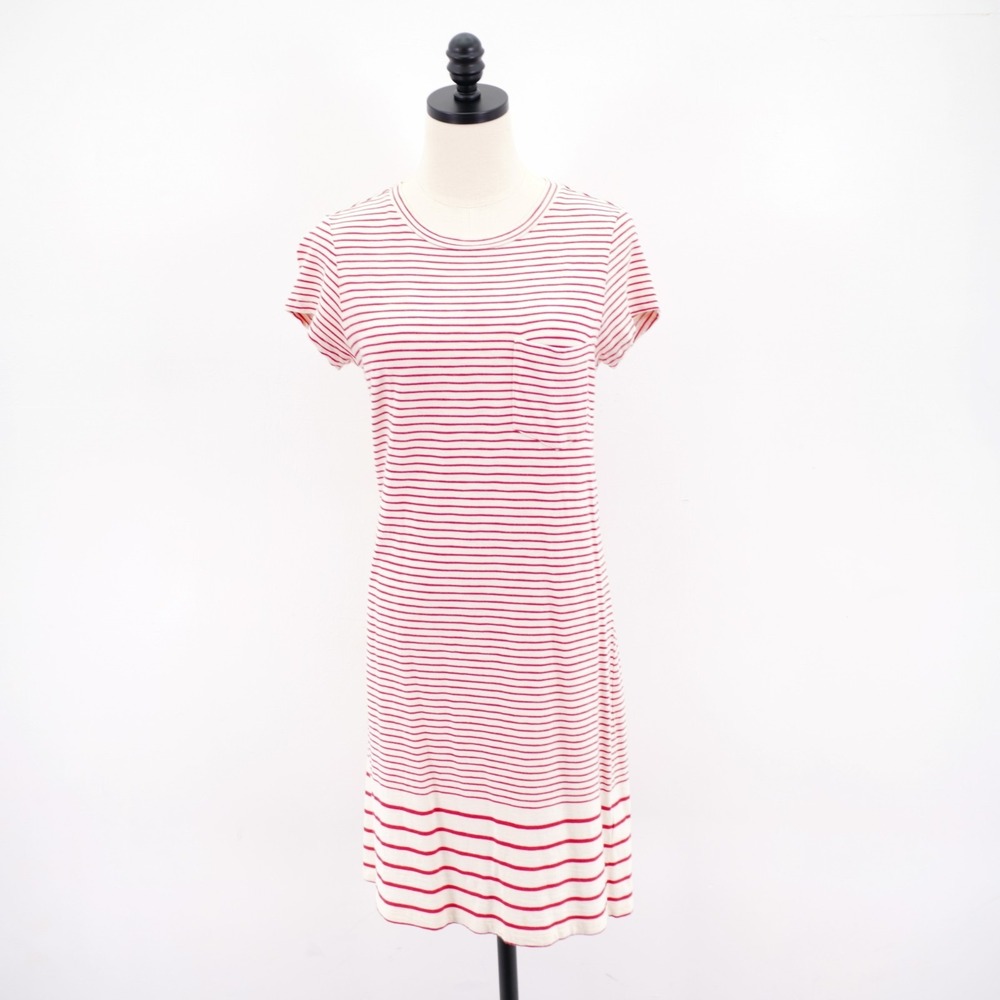 Dalia‎ Medium Red Cream Shirt Dress Crew Neck Short Sleeve Pocket Cotton Modal